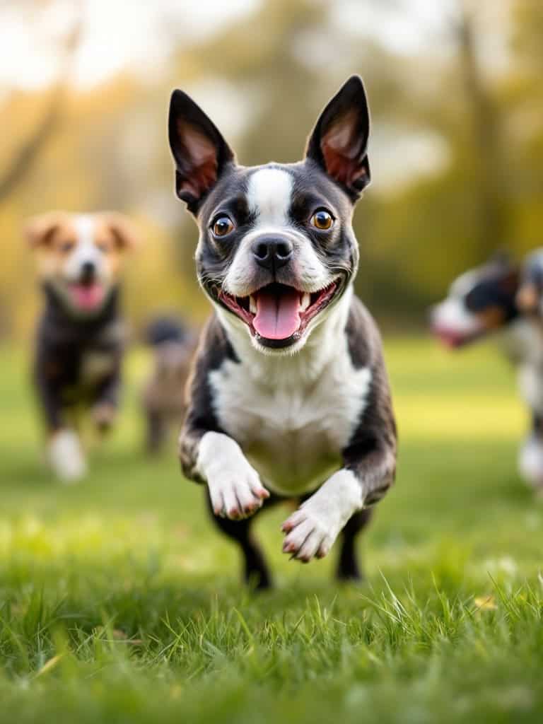 Smiling Boston Terrier running in a dog park