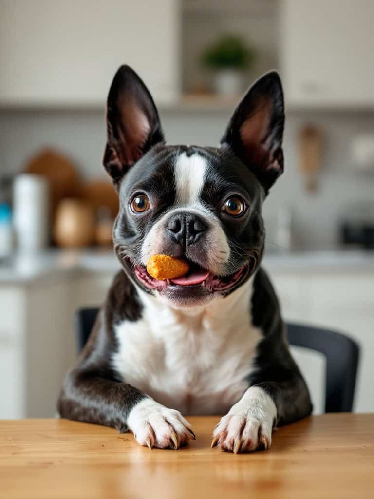 A smiling Boston Terrier with a snack in its mouth, sitting at a table.