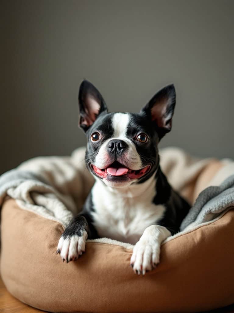 A smiling Boston Terrier sitting in a cozy dog bed, looking happy and content.