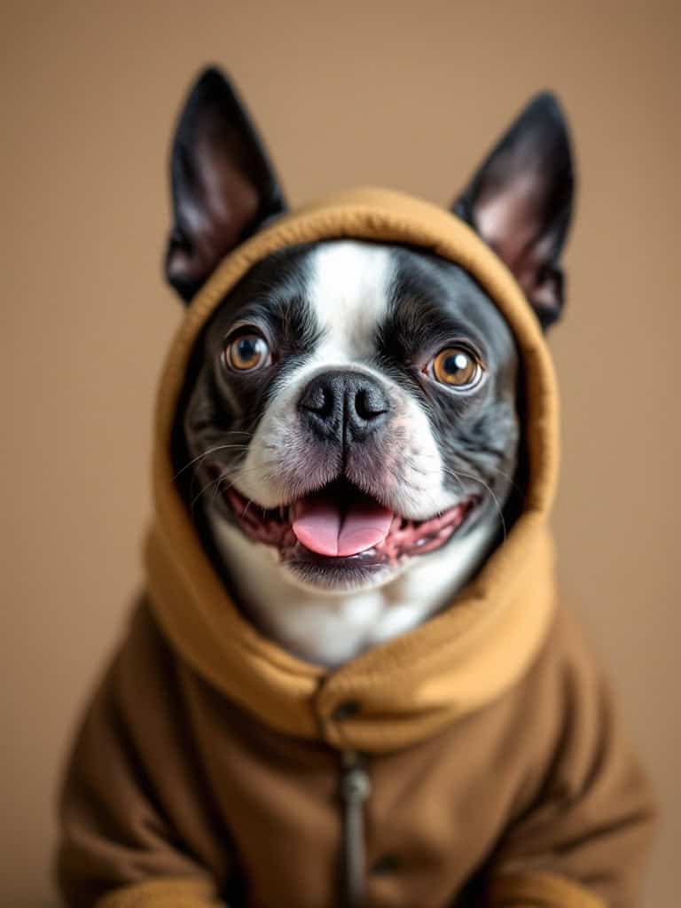 A smiling Boston Terrier wearing a brown hoodie, looking cheerful against a simple background.