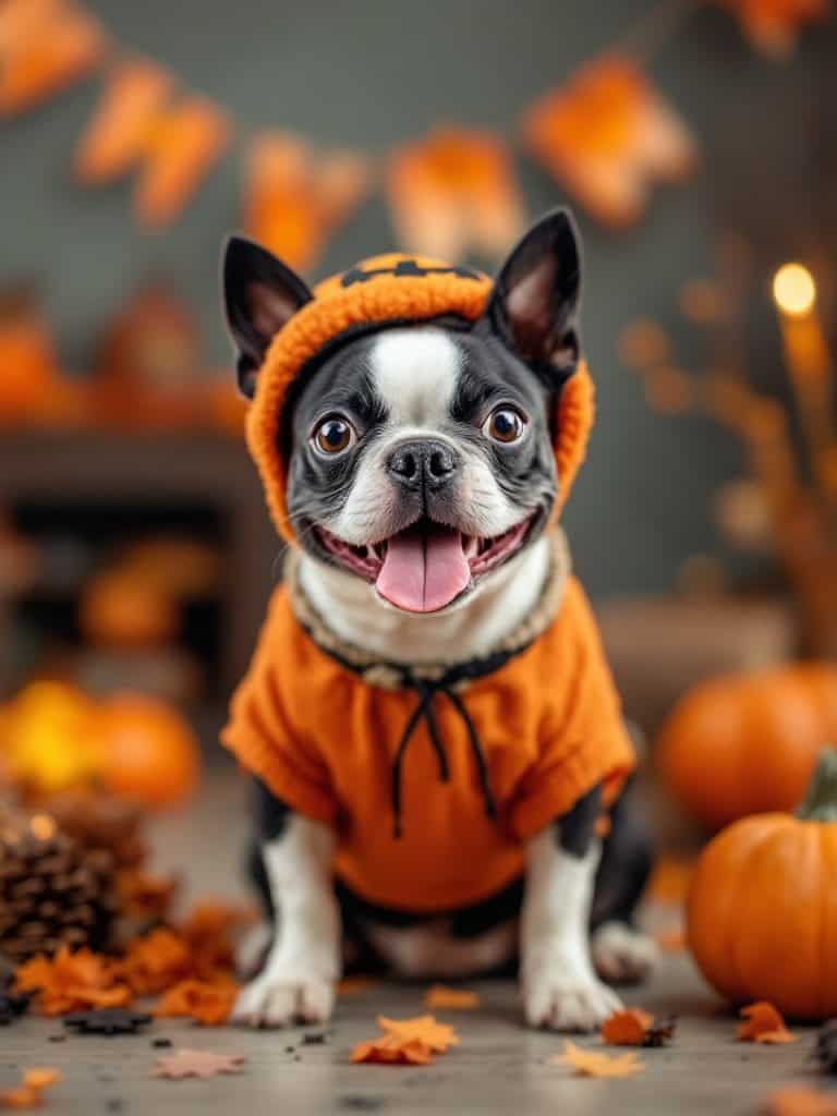 A smiling Boston Terrier wearing a pumpkin costume surrounded by autumn decorations.