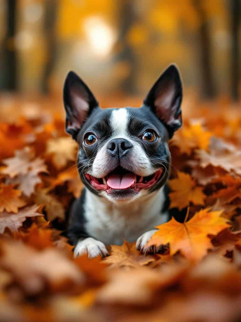 A smiling Boston Terrier surrounded by colorful autumn leaves.