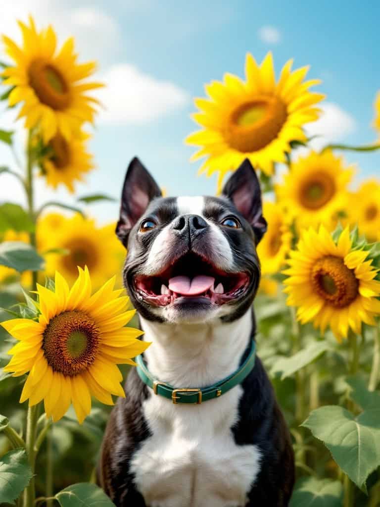 A Boston Terrier smiling happily in a vibrant sunflower field.