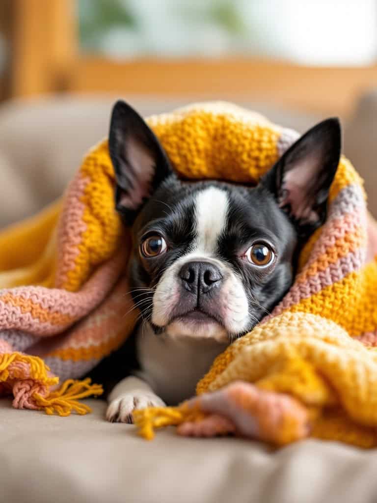 Boston Terrier peeking from under a colorful blanket