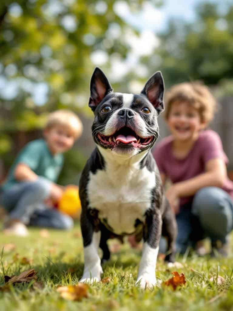 A smiling Boston Terrier playing in the grass with two kids.