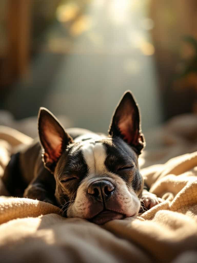 A Boston Terrier sleeping peacefully in a sunbeam on a soft blanket.