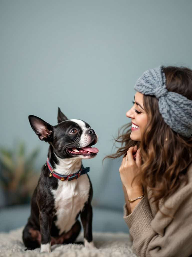 A smiling Boston Terrier interacting happily with its owner.