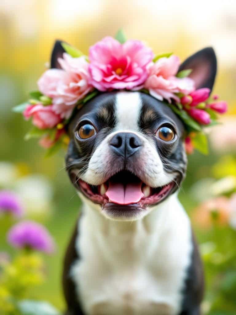 A smiling Boston Terrier wearing a colorful flower crown.