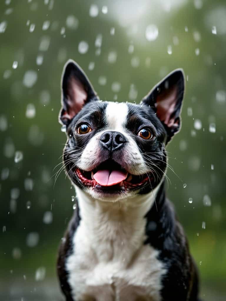 A smiling Boston Terrier in the rain with droplets falling around.