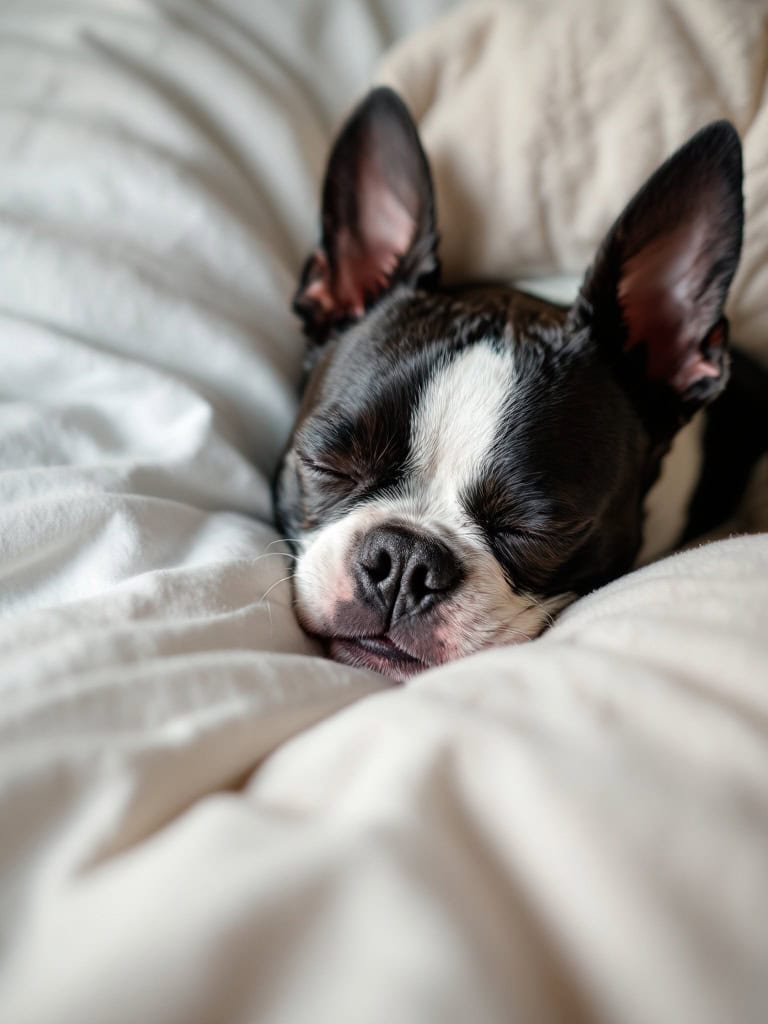 Sleeping Boston Terrier with a smile on a bed