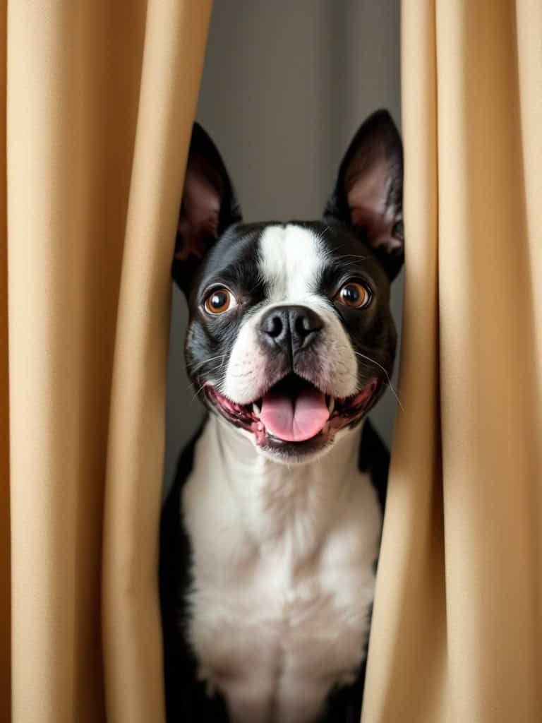 A happy Boston Terrier smiling while peeking from behind a curtain.