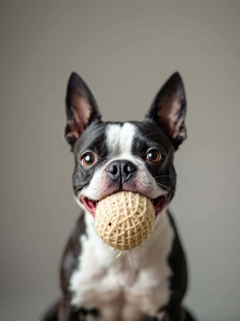 A smiling Boston Terrier holding a chew toy