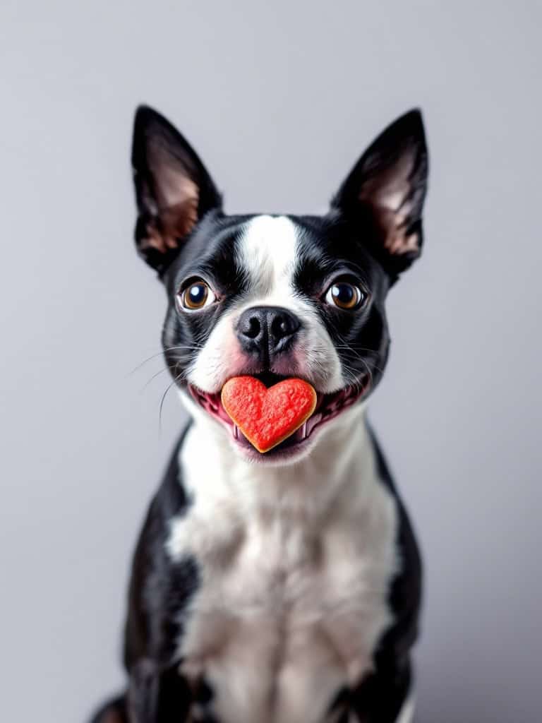 Boston Terrier holding a heart-shaped treat in its mouth.