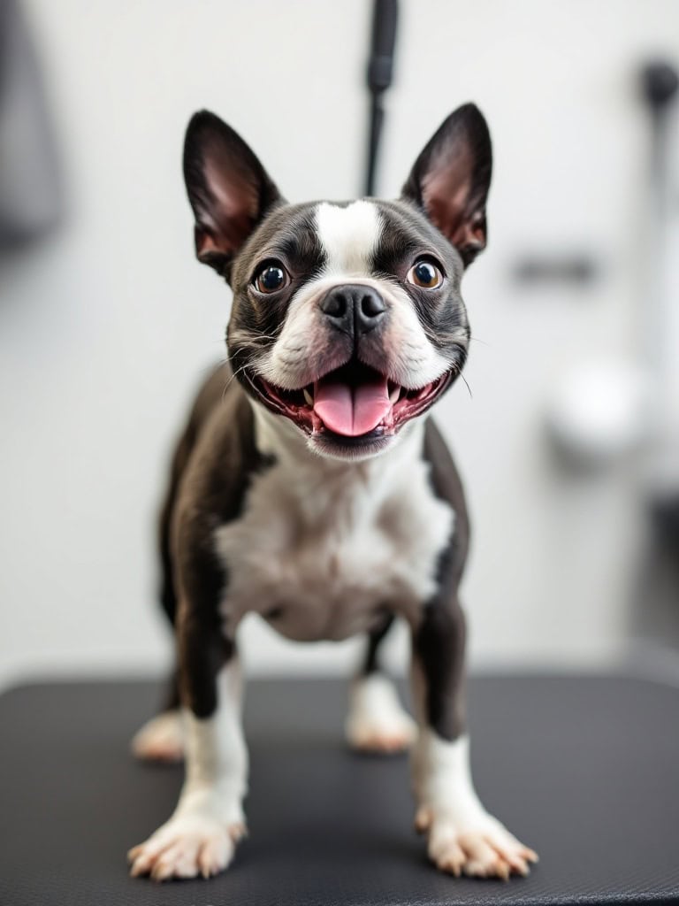 A smiling Boston Terrier standing proudly after grooming.