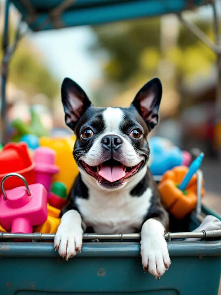 A happy Boston Terrier smiling while sitting in a cart filled with colorful toys.
