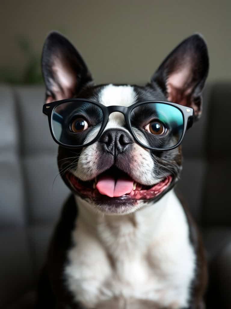 A smiling Boston Terrier wearing glasses, showcasing a big grin.