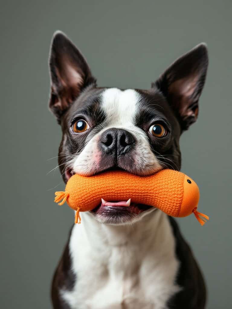 Boston Terrier smiling with an orange toy in its mouth.
