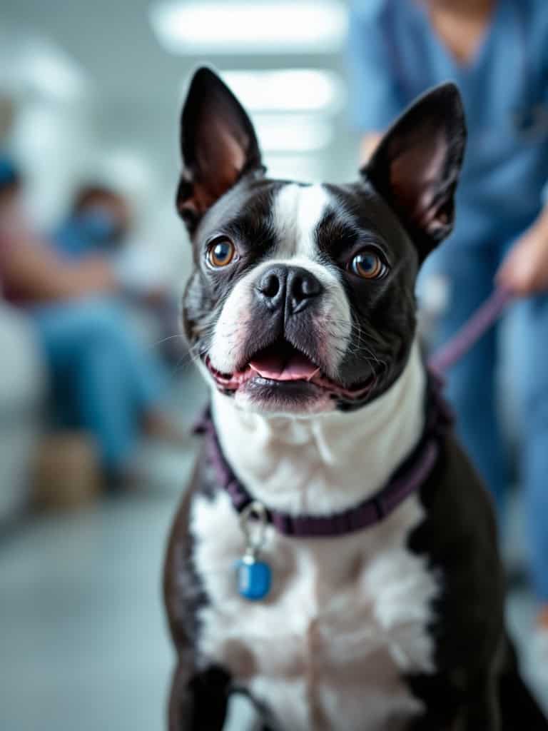 A happy Boston Terrier in a clinical setting, looking friendly and eager.