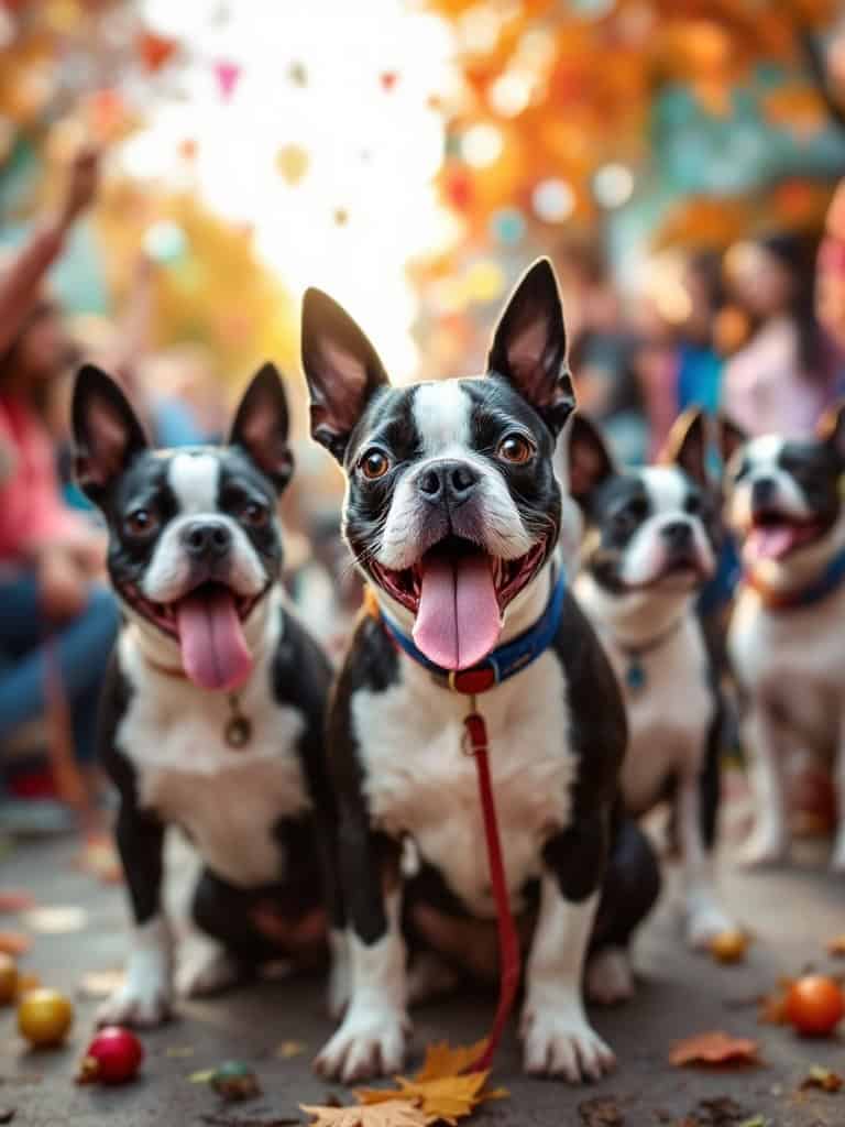 A cheerful group of Boston Terriers enjoying a festive day outdoors.