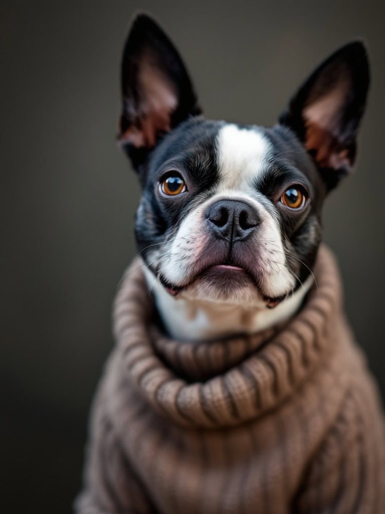 A charming Boston Terrier wearing a cozy brown sweater, looking directly at the camera.