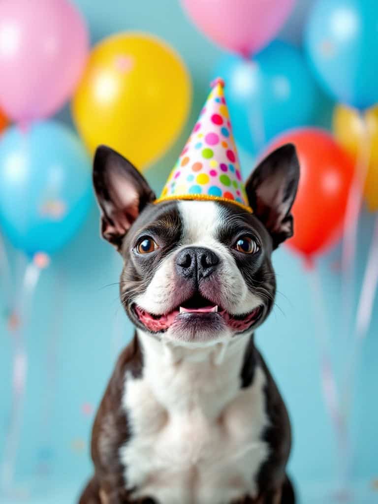 A cheerful Boston Terrier wearing a polka dot party hat, surrounded by colorful balloons.