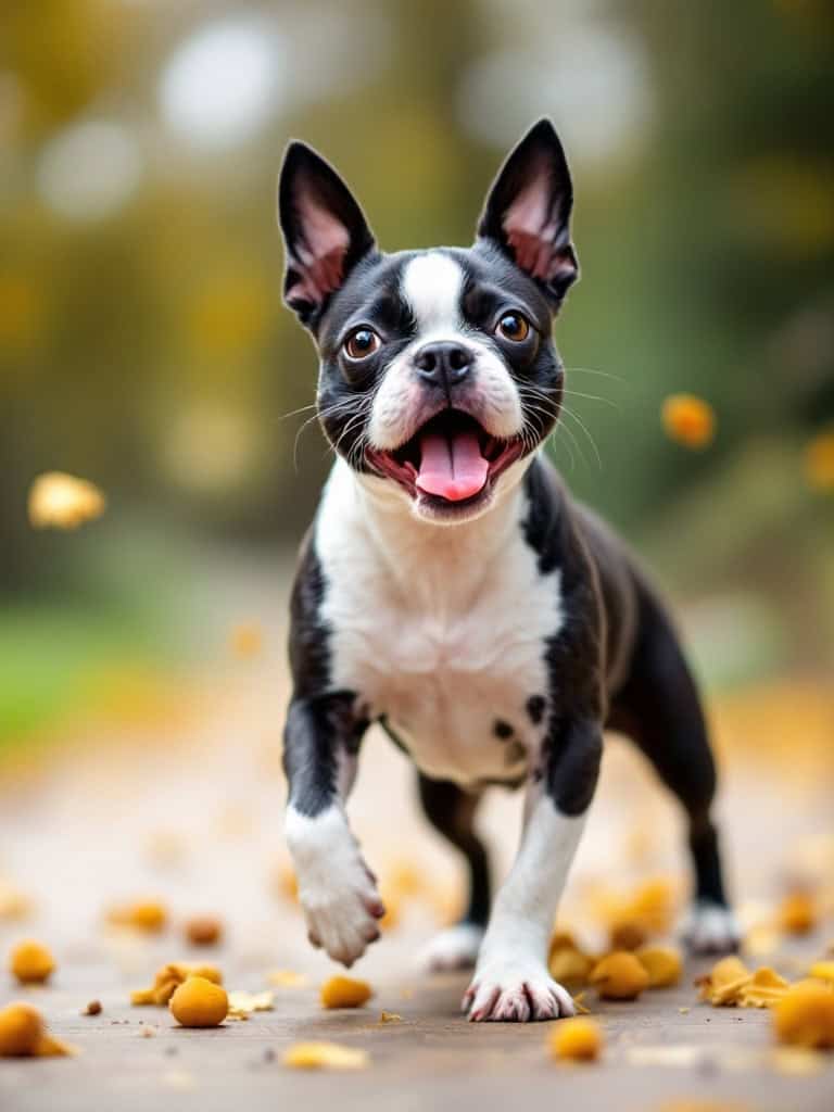 A happy Boston Terrier running joyfully outdoors.