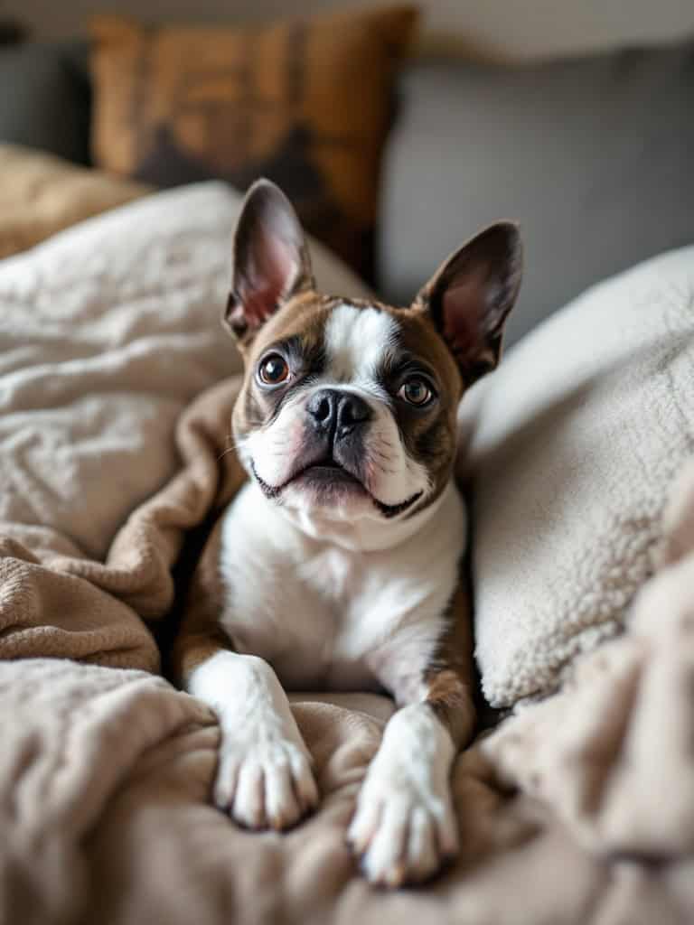 A cuddly Boston Terrier lying on a couch surrounded by soft blankets.