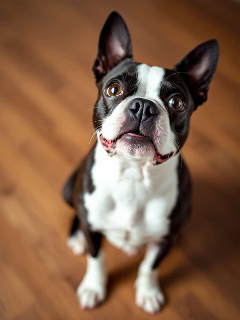 A curious Boston Terrier with a tilted head, showcasing its bright eyes and playful expression.