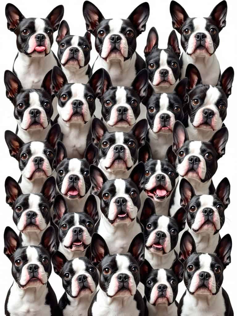 A collage of Boston Terriers showcasing various cute facial expressions.