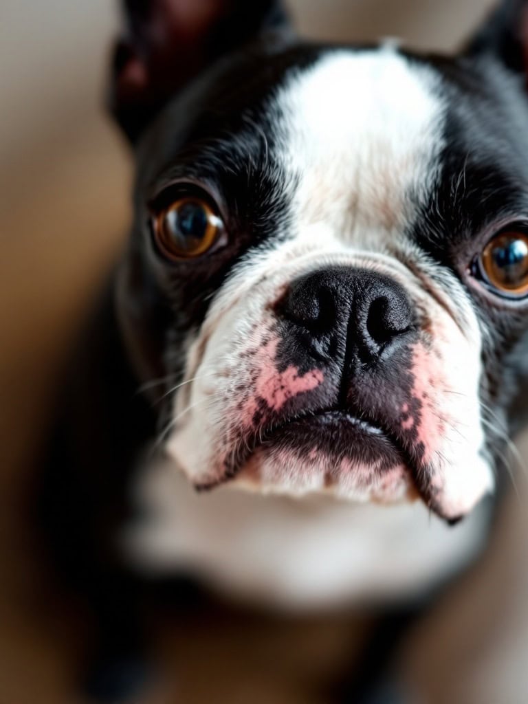 Close-up of a Boston Terrier with a distinctive black and white coat.