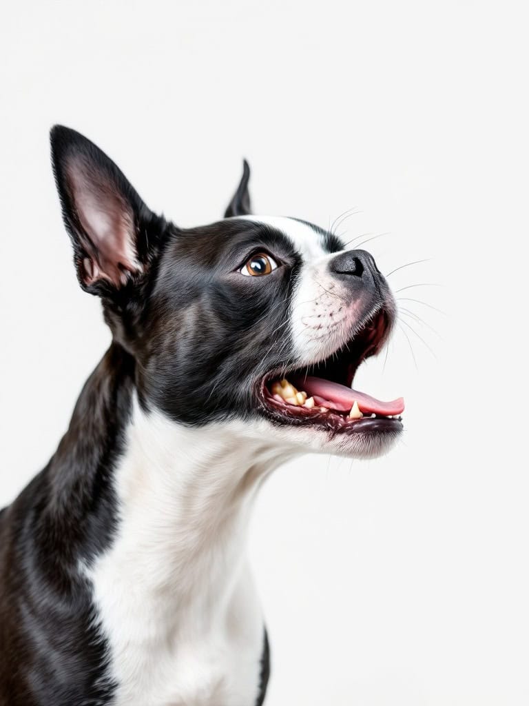 A Boston Terrier with its mouth open, showcasing its distinctive barking expression.