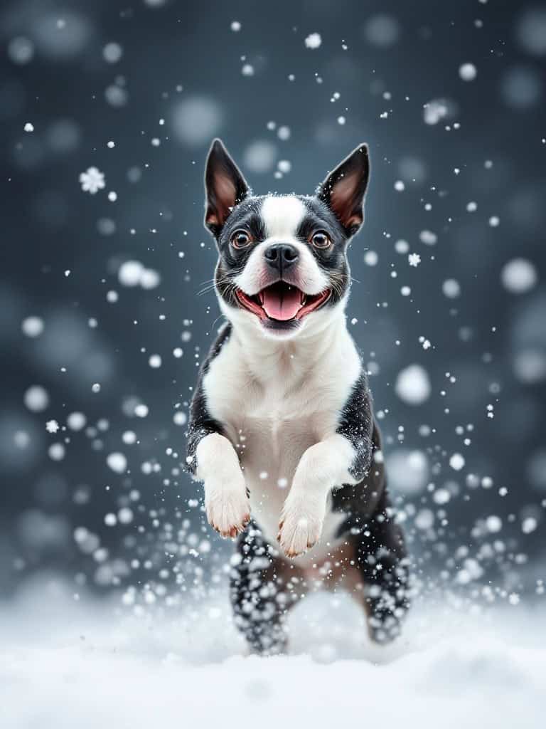 A smiling Boston Terrier jumps playfully in a snowy scene.