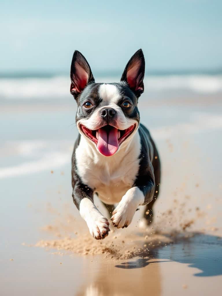 A happy Boston Terrier running on the beach with a big smile.