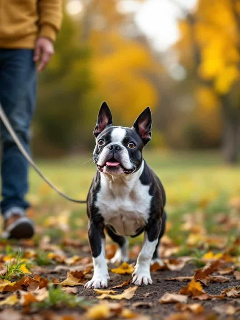 A Boston Terrier being walked in a park with autumn leaves.
