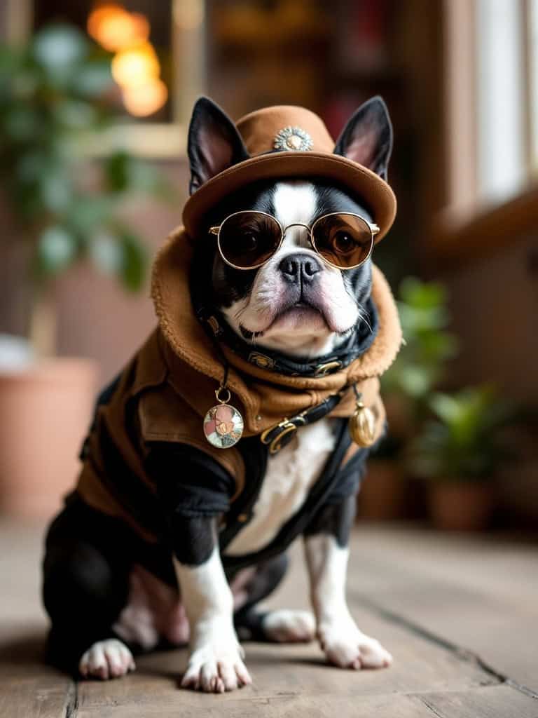 A stylish Boston Terrier wearing a hat and sunglasses.
