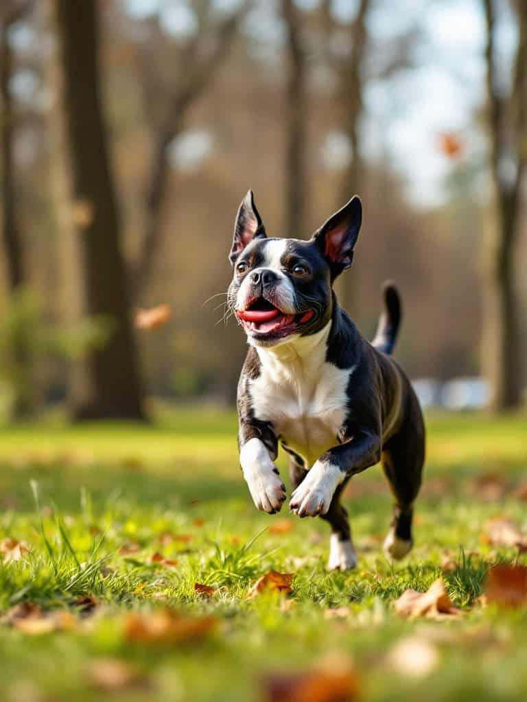 A Boston Terrier running happily in a park during autumn.