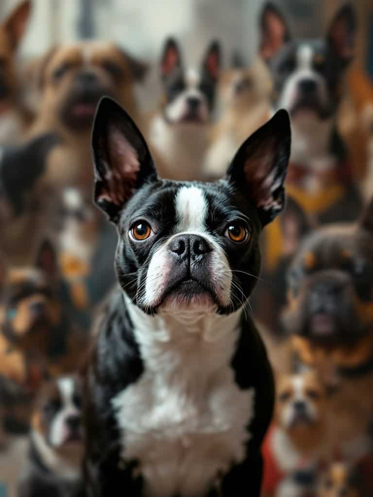 A Boston Terrier in front of other dogs, showcasing its unique features.