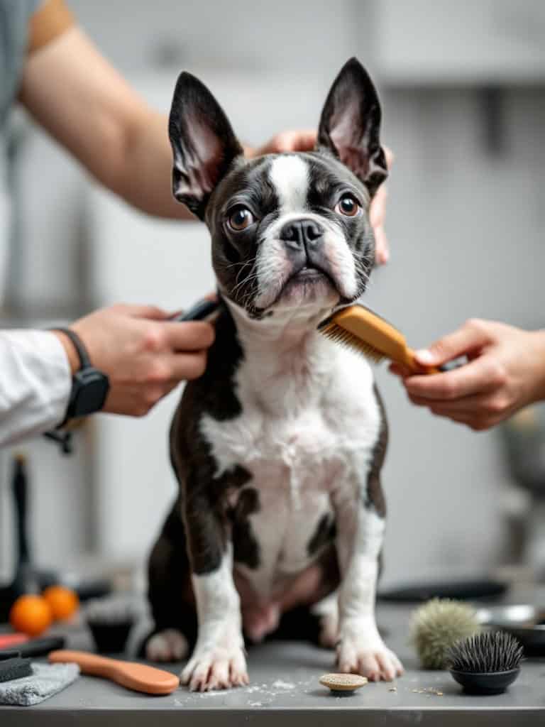 A Boston Terrier being groomed, with a person brushing its coat.
