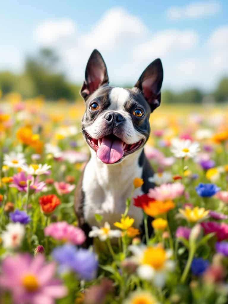 Boston Terrier smiling in a vibrant flower field