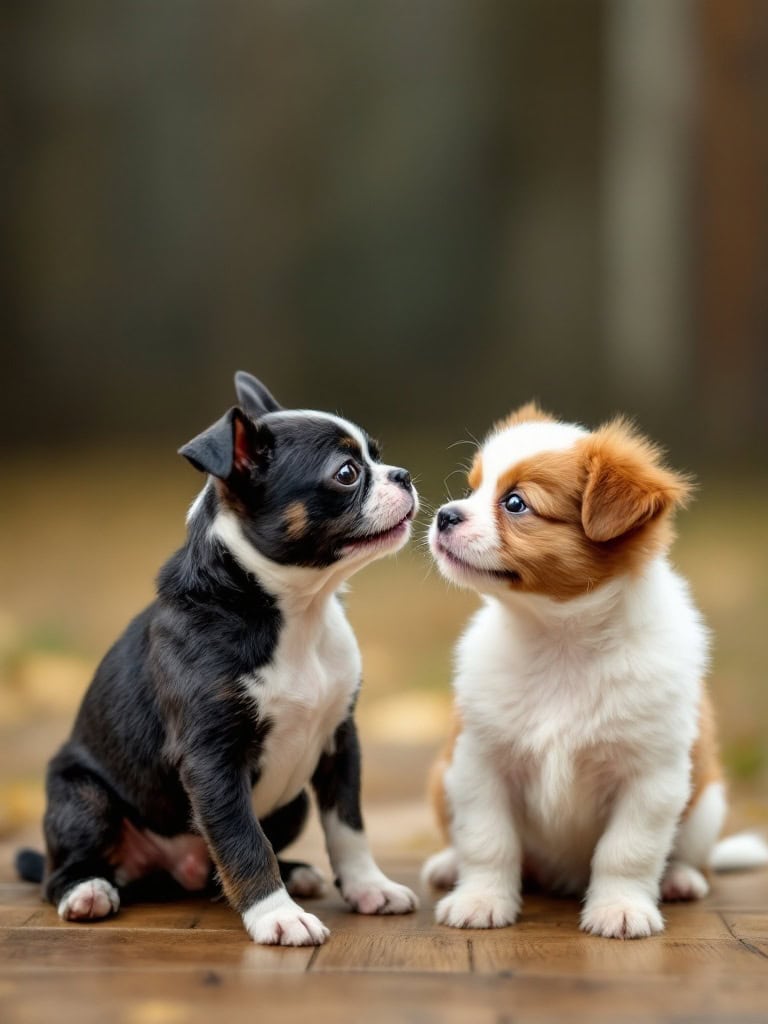 A happy Boston Terrier interacting with a new puppy friend.