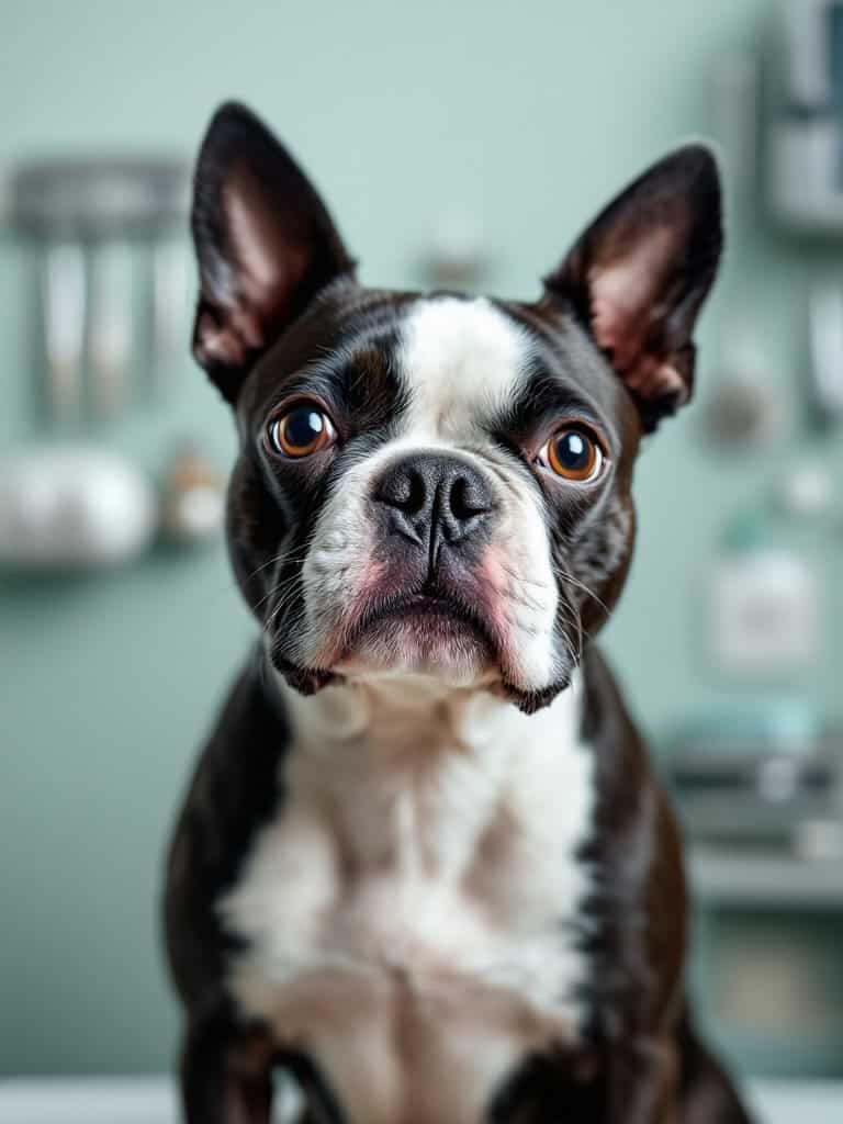 A close-up of a Boston Terrier with expressive eyes, looking directly at the camera.