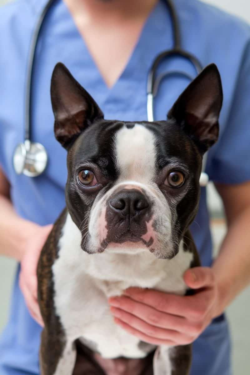 A Boston Terrier being examined by a vet with a stethoscope.