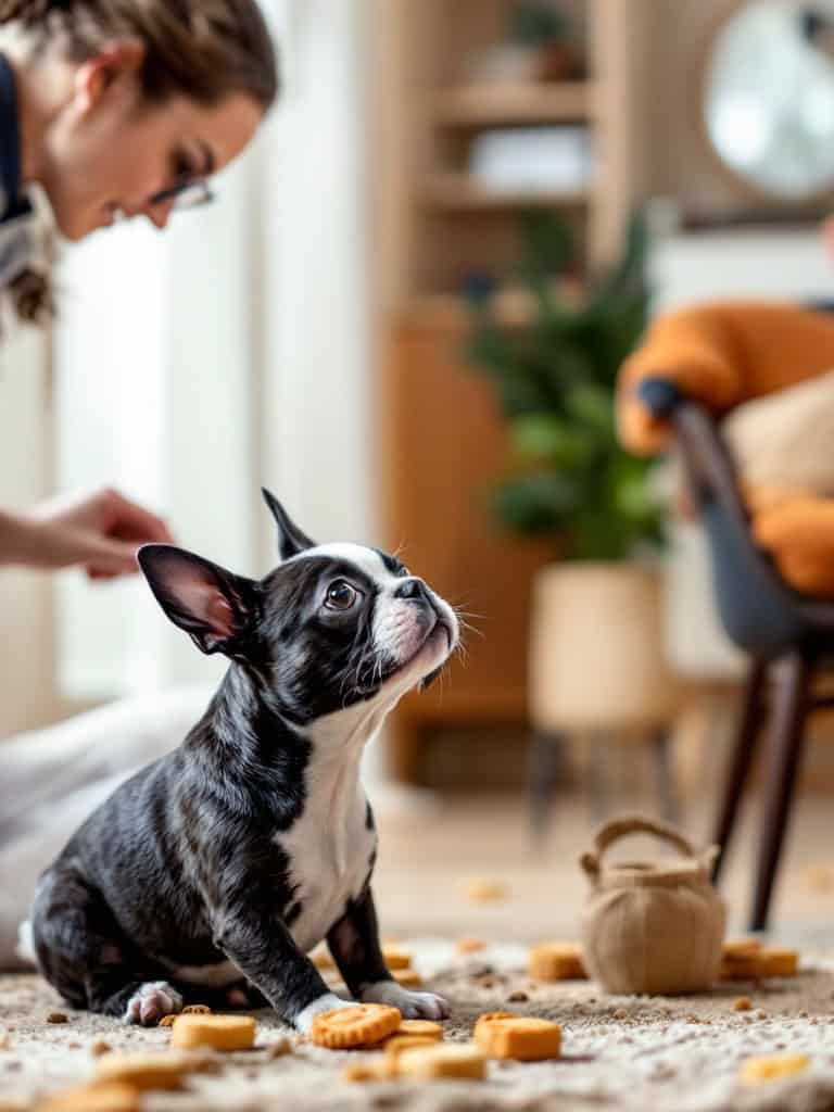 A Boston Terrier sitting on a carpet with treats scattered around, focused on its owner who is training it.