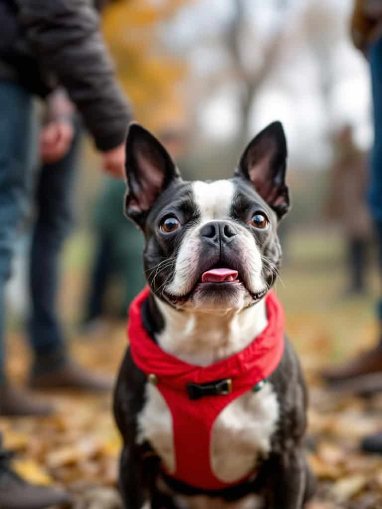A Boston Terrier wearing a red harness, looking up with a playful expression in a park setting.