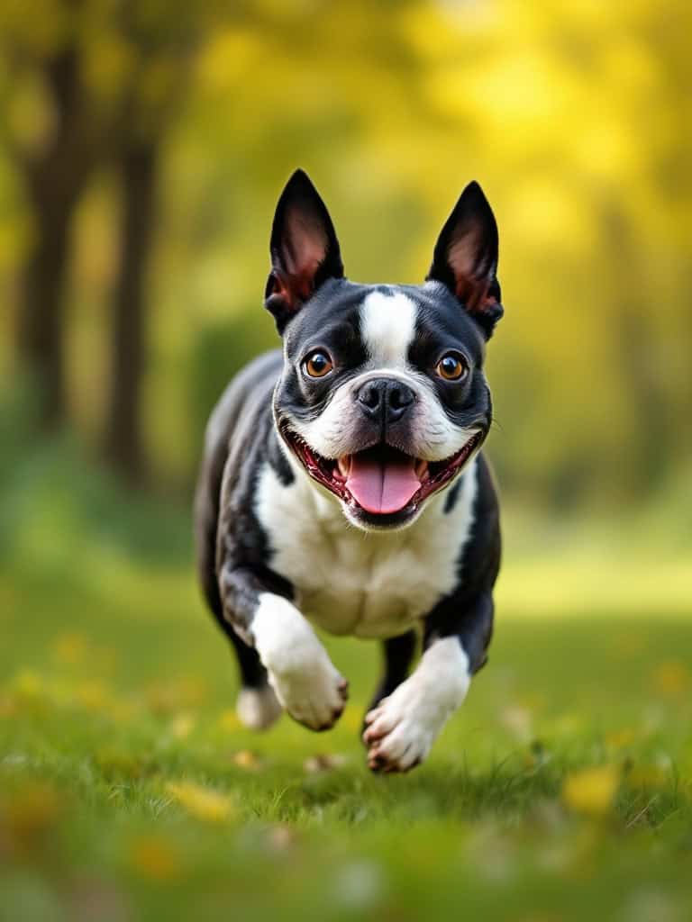 A joyful Boston Terrier running in the park with a big smile.