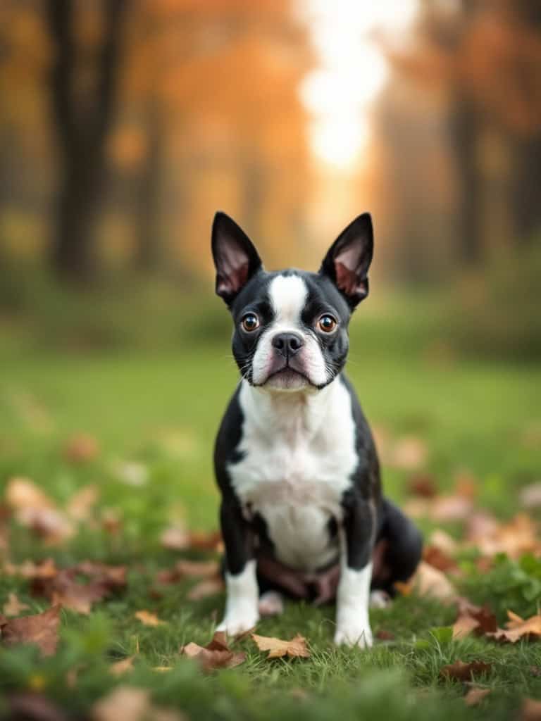 A Boston Terrier sitting on grass surrounded by autumn leaves.