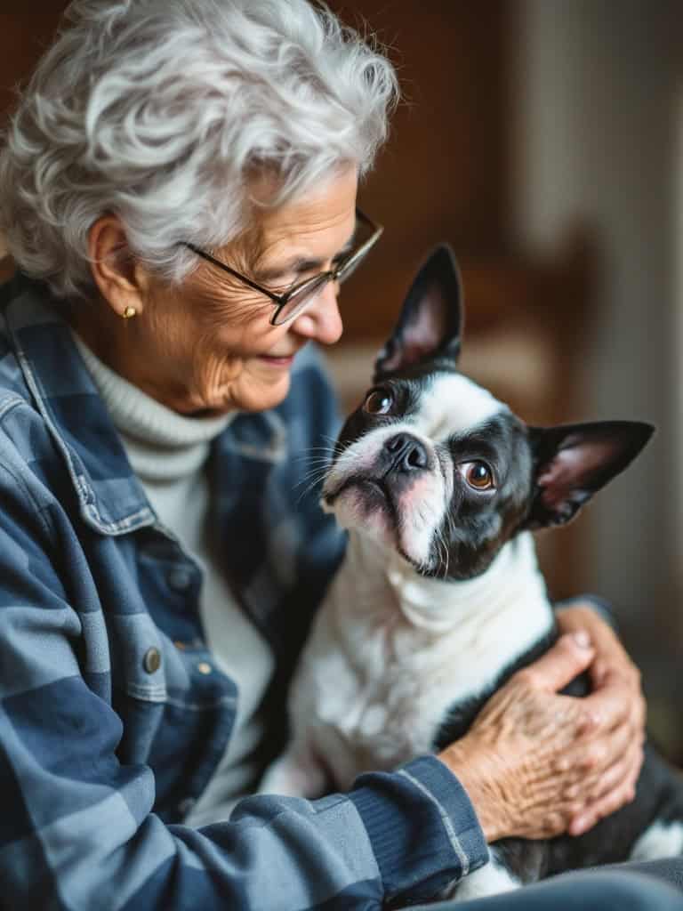 Senior woman smiling and cuddling a Boston Terrier.