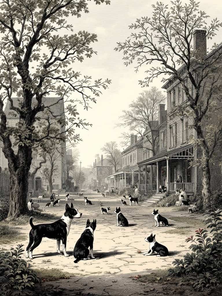Historical illustration of Boston Terriers in a quaint street setting