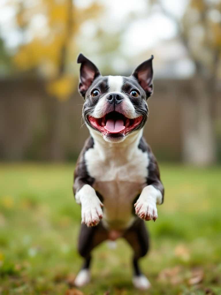 A playful Boston Terrier jumping with a happy expression, showcasing its energetic personality in a grassy outdoor setting.
