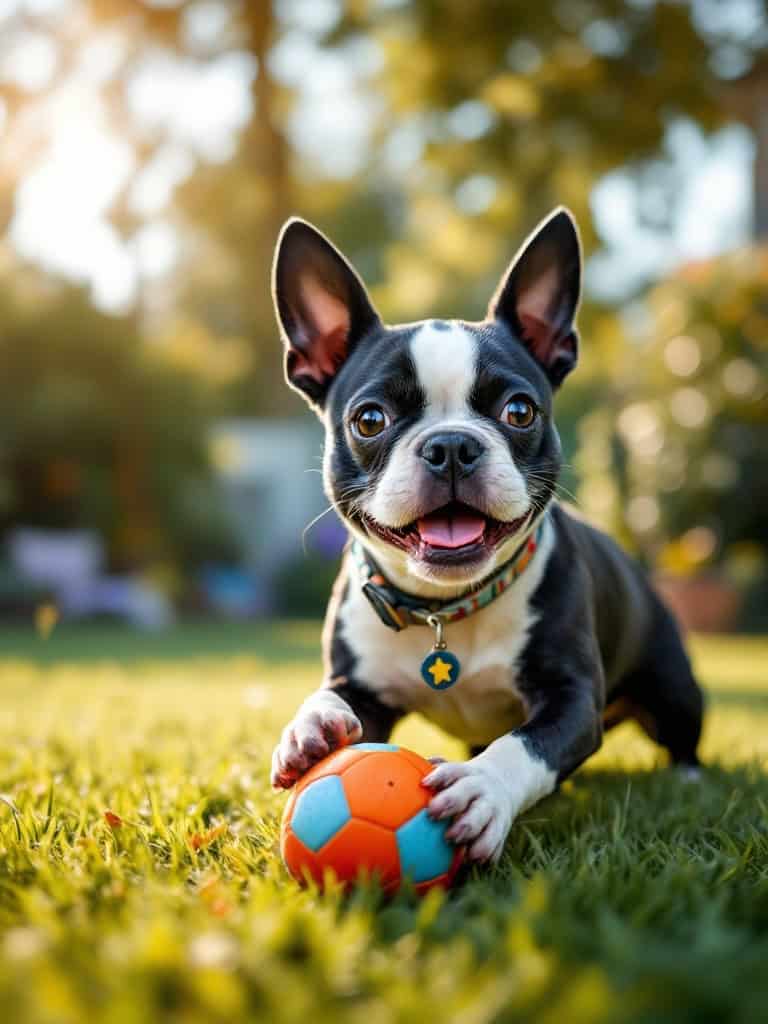 A happy Boston Terrier playing with a colorful ball in a sunny garden.